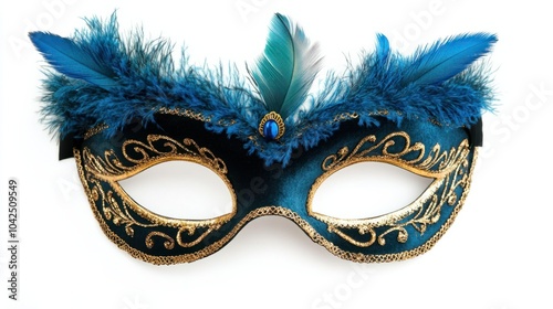 Velvet mask with gold trim and a dramatic feather plume, ideal for a luxurious night party, isolated on white background