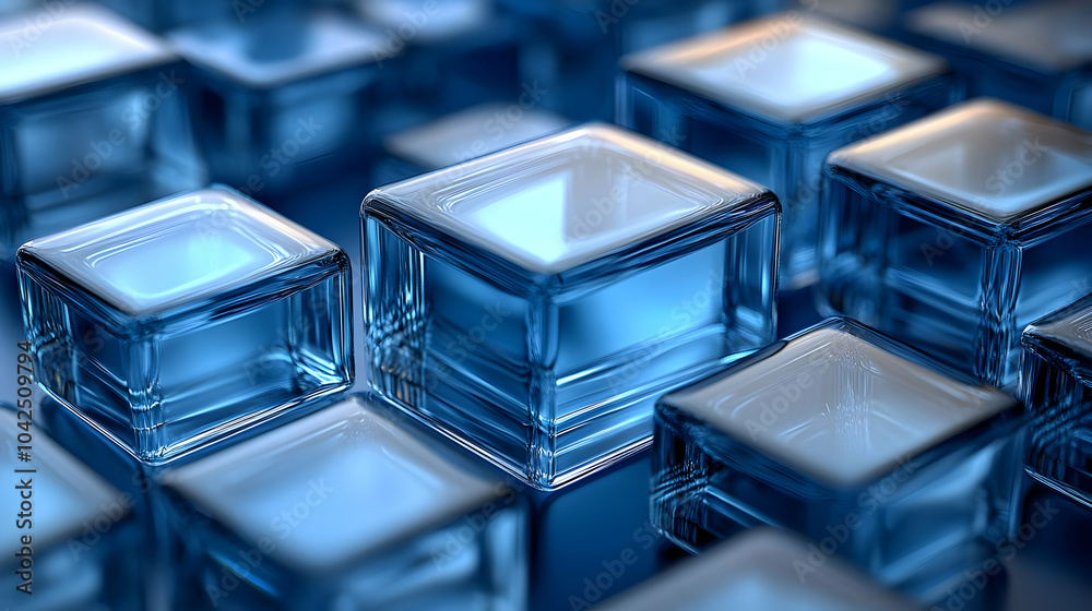 A close-up of translucent blue glass cubes with a reflective surface.