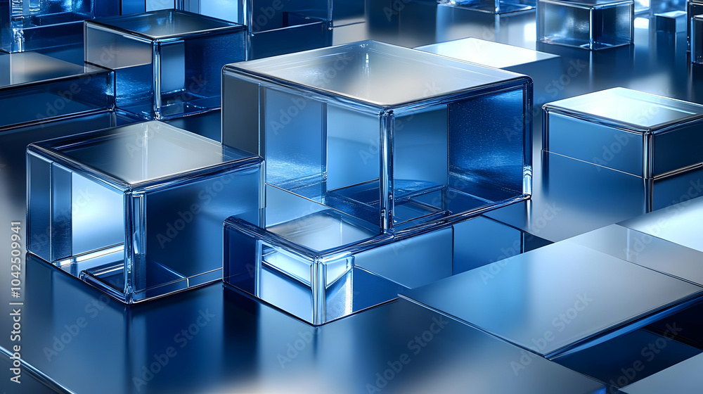 Abstract arrangement of blue glass blocks reflecting light. Abstract arrangement of blue glass blocks reflecting light.
