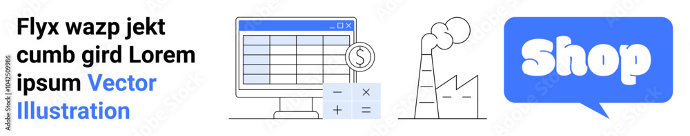 E-commerce theme with computer screen displaying financial data, calculator, and factory. Ideal for e-commerce, technology, manufacturing, finance, and web development. Banner for landing page E-commerce theme with computer screen displaying financial data, calculator, and factory. Ideal for e-commerce, technology, manufacturing, finance, and web development. Banner for landing page