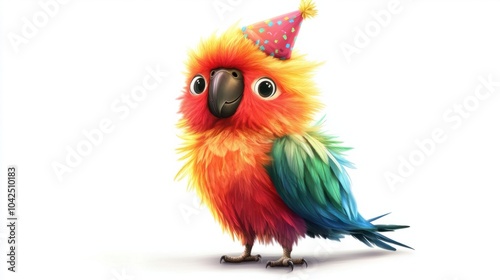 Adorable cartoon parrot with fluffy feathers and a tiny party hat, isolated on white background