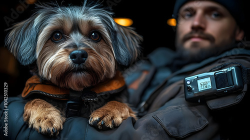 A man holds a small dog, bo...