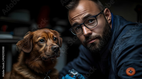 A man and a dog in a worksh...