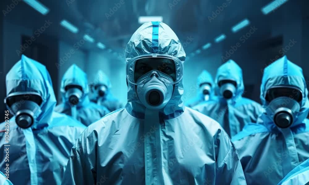 Medical Professionals in Protective Gear Working in a High-Risk Environment with Blue Lighting Medical Professionals in Protective Gear Working in a High-Risk Environment with Blue Lighting