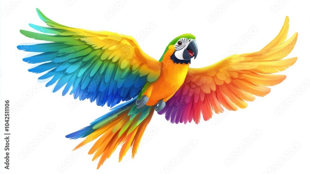 Obraz premium Cartoon parrot with a rainbow of feathers, flying happily, isolated on white background