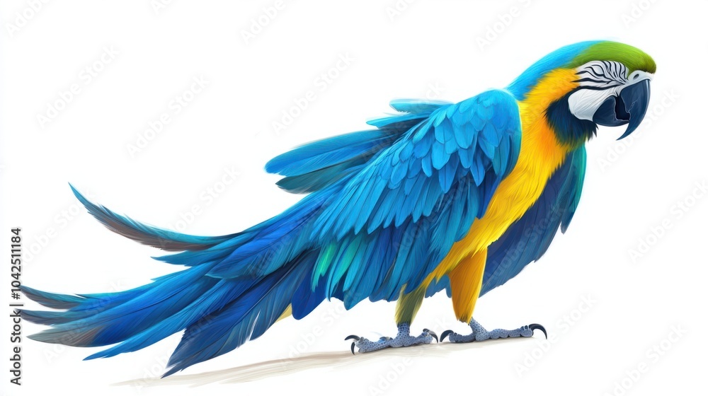 Fototapeta premium Cartoon parrot with vibrant blue feathers, winking playfully, isolated on white background