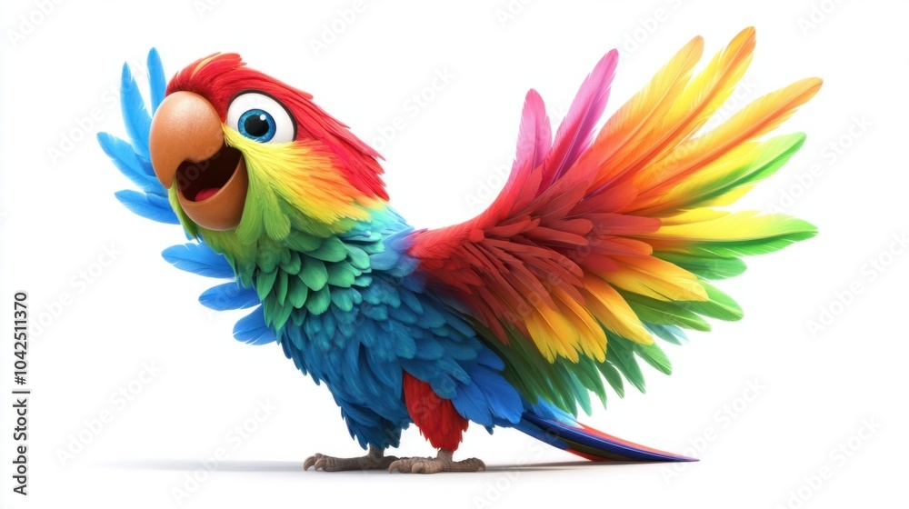 Fototapeta premium Colorful cartoon parrot with rainbow feathers, perched happily with a big grin, isolated on white background