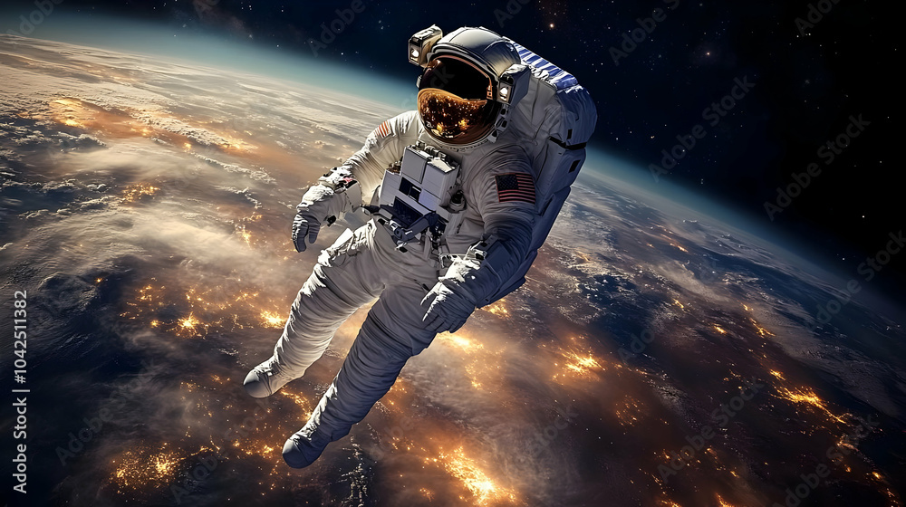 Obraz premium Astronaut floating in space above Earth, showcasing exploration.