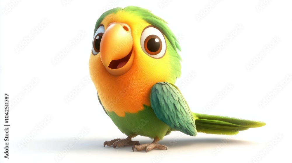 Cute cartoon parrot with a big yellow beak and a joyful stance, isolated on white background Cute cartoon parrot with a big yellow beak and a joyful stance, isolated on white background