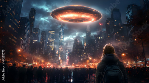 A crowd watches an alien sp...