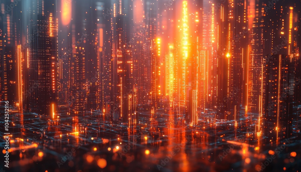 Fototapeta premium Futuristic Cityscape with Glowing Towers and Digital Grid