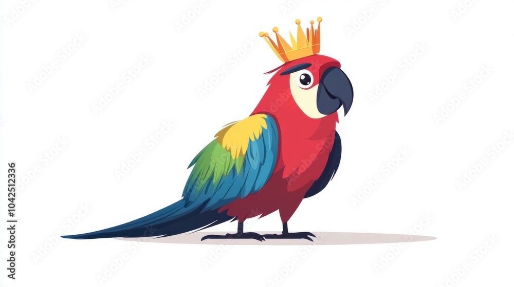 Fototapeta premium Happy cartoon parrot with a tiny crown, looking proud and regal, isolated on white background