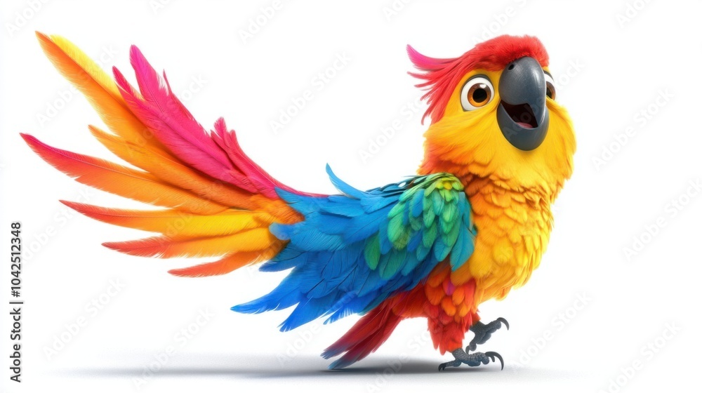 Obraz premium Happy cartoon parrot with multicolored feathers and a playful pose, isolated on white background