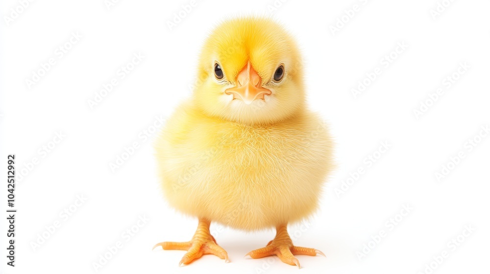 Obraz premium A small, yellow chick with bright eyes and fluffy feathers stands facing the camera on a white background.