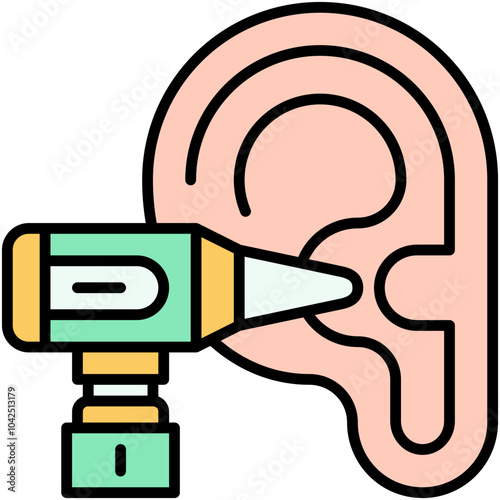 Otoscopy Icon. Ear Otoscope Checkup Pictogram Graphic Illustration. Isolated Simple Filled Line Icon For Infographic, App and Web Button.