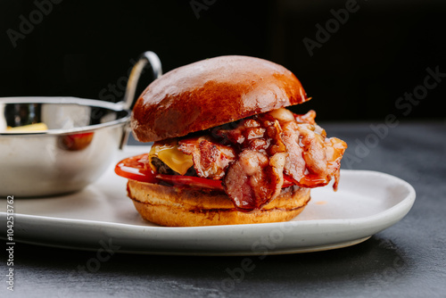 Juicy bacon cheeseburger with fries served on a stylish plate, perfect for a satisfying meal photo