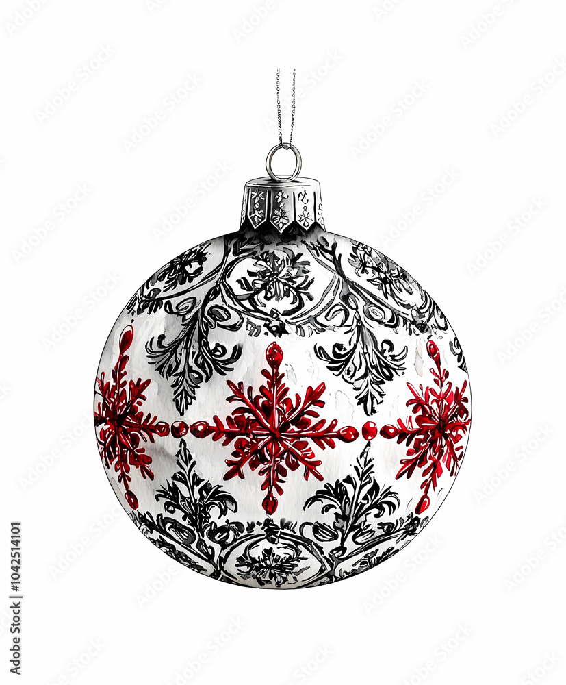 Christmas ornament with a red snowflake design, a black and white patterned background, isolated on a white background, Christmas ornament with a red snowflake design, a black and white patterned background, isolated on a white background,