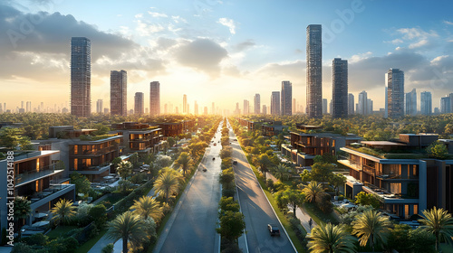A modern cityscape at sunse...