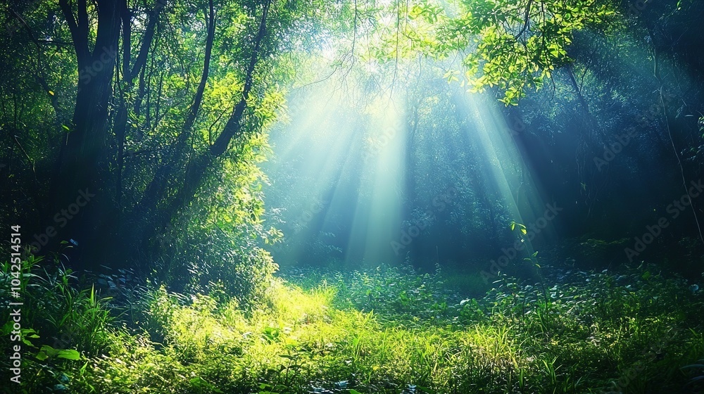 Obraz premium Serene Forest with Dappled Sunlight Rays