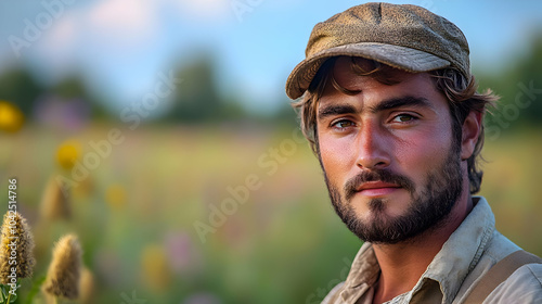 A young man in a field, wea...