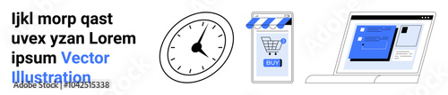 Black text on the left, a clock in the center, and an online shopping cart with a blue storefront next to a computer screen. Ideal for e-commerce, time management, online shopping, digital marketing