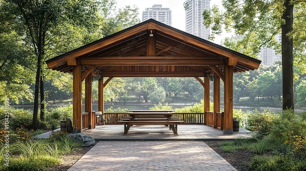 Wooden Gazebo with Picnic Tables in a Park Wooden Gazebo with Picnic Tables in a Park