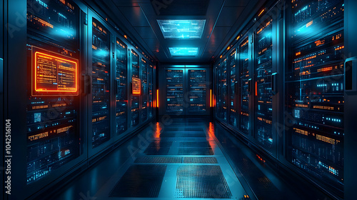 Futuristic server room with glowing lights and data displays.