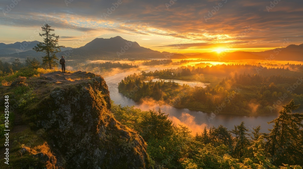 Obraz premium A lone figure stands on a cliff overlooking a river valley at sunrise, bathed in golden light.