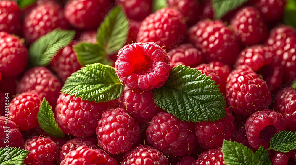 Red Raspberries with Green Leaves, Close Up Red Raspberries with Green Leaves, Close Up