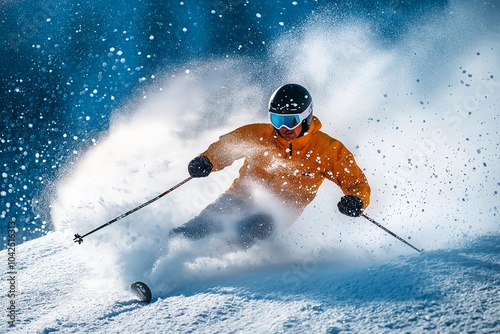 A Downhill Skier Racing Through a Slalom Course, Snow Spraying Around Them as They Navigate the Gates photo