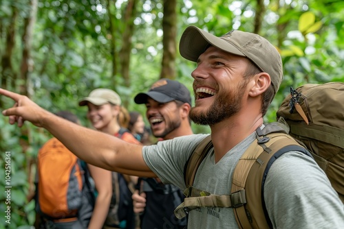 A Group of Friends Hiking Through a Dense Forest, Laughing and Pointing at Wildlife in the Trees