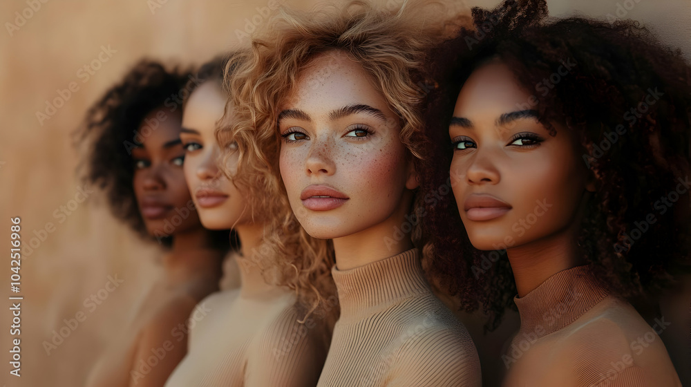 Four women with diverse hairstyles posing together in a natural setting. Four women with diverse hairstyles posing together in a natural setting.