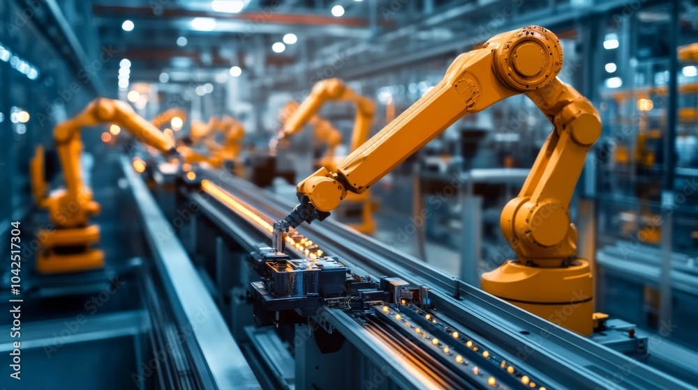 Industrial Robotic Arm on Assembly Line in a Factory Industrial Robotic Arm on Assembly Line in a Factory