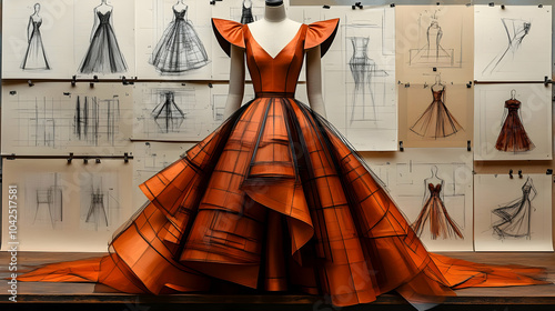 Elegant orange gown display...