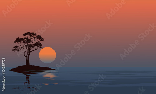 sunset over the lake with a tree