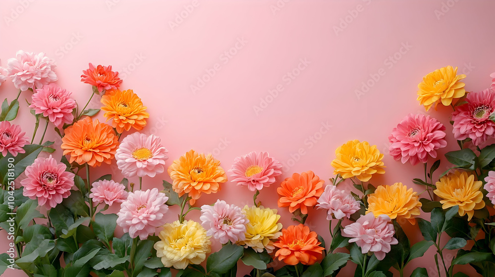 A vibrant arrangement of colorful flowers against a pink backdrop. A vibrant arrangement of colorful flowers against a pink backdrop.