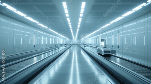 Futuristic Conveyor Belt System in a Brightly Lit Tunnel