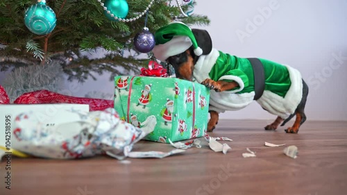 Cute funny dachshund dog in suit, Santa hat unpacks gift under Christmas tree, impatiently bites off packaging bow, secretly opens the box helping with paw Family festive atmosphere, pet mischief