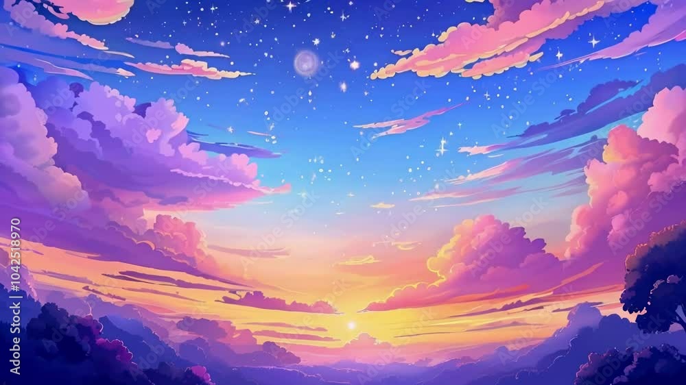 Cartoon Twilight Sky with Enchanting Colors Cartoon Twilight Sky with Enchanting Colors