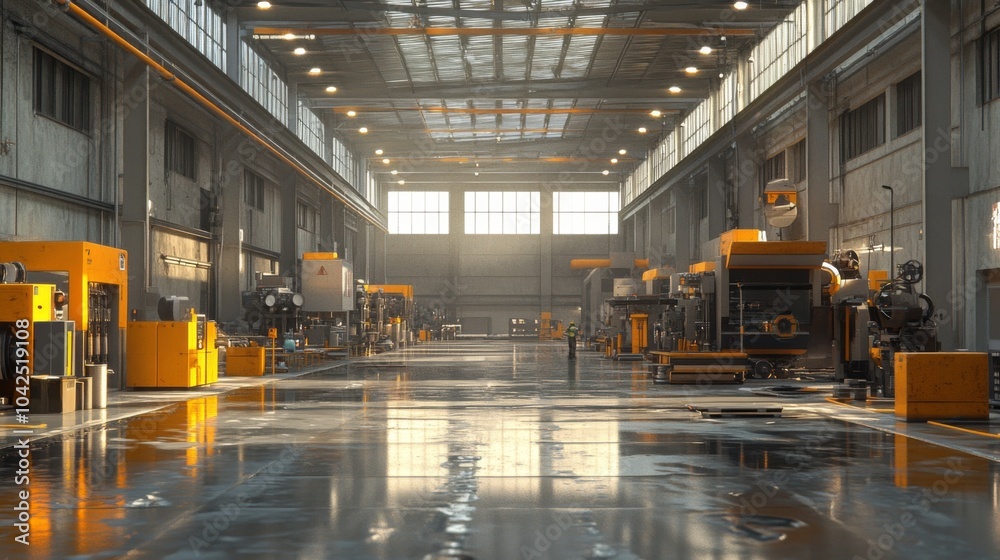 Industrial Factory Interior with Machinery and Wet Floor