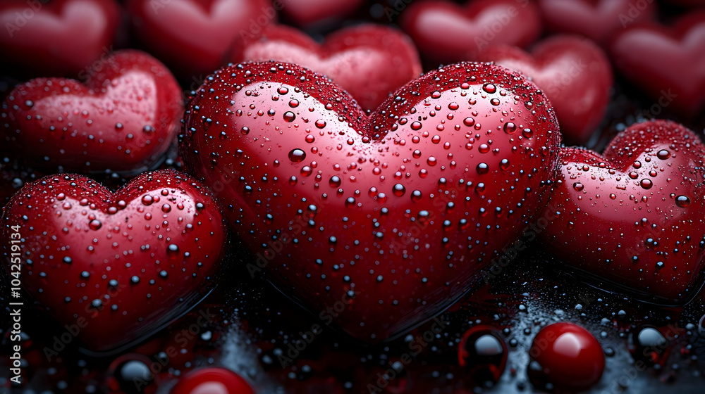 Obraz premium A collection of shiny red hearts with water droplets.