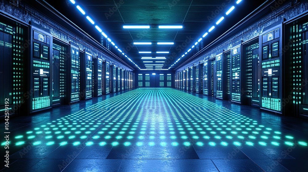 Fototapeta premium Futuristic server room with glowing floor and rows of servers.