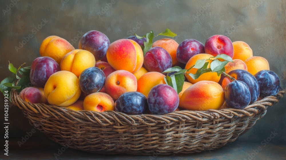 A Basket Overflowing with Ripe Peaches and Plums A Basket Overflowing with Ripe Peaches and Plums