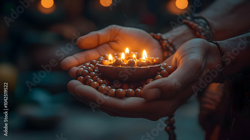 Hands holding a lit oil lam...