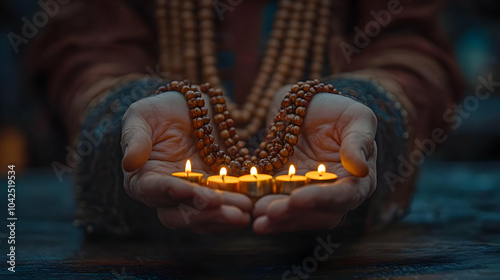 Hands holding lit candles a...