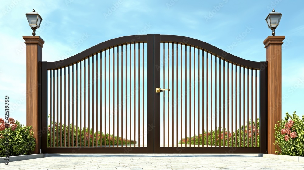 Obraz premium Elegant Wooden Gate with Lamp Post in Sunny Setting