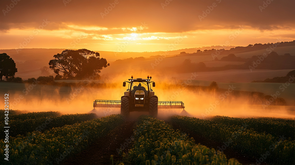 Fototapeta premium Tractor spraying fields at sunset, creating a misty atmosphere.
