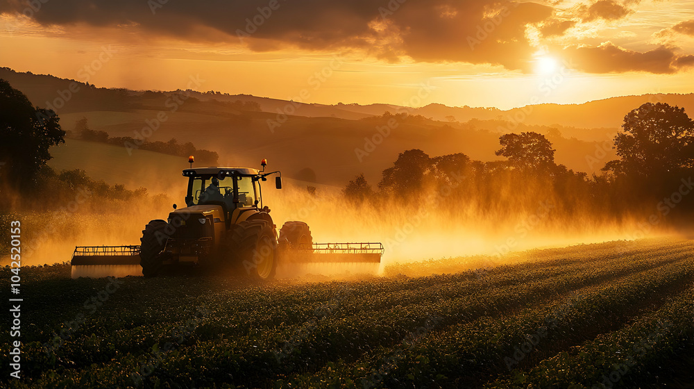 Fototapeta premium Tractor working in a field during sunset, creating a misty scene.