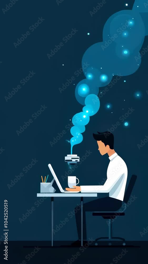 Inspiration in Office Focused Man Working at His Desk with Laptop, Coffee, and Magical Blue Smoke Creating Calm Technology Atmosphere Inspiration in Office Focused Man Working at His Desk with Laptop, Coffee, and Magical Blue Smoke Creating Calm Technology Atmosphere