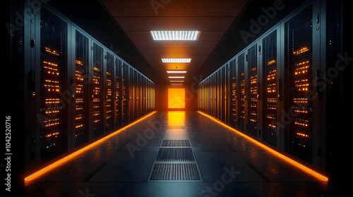 A dimly lit server room wit...